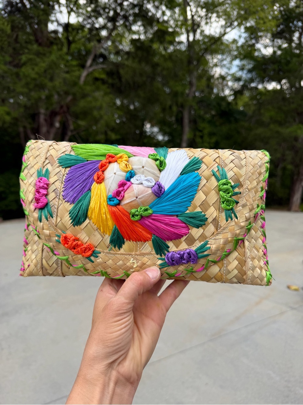 Handwoven Straw Clutch with Multicolor Embroidered Floral Design with Seashells